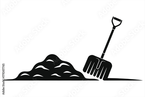 Snow shovel with snow pile vector icon - winter snow removal illustration, minimal black and white silhouette, cold weather cleanup tool for driveway and sidewalk, seasonal maintenance symbol