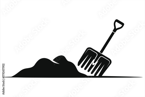 Winter snow removal concept with shovel in a snow pile. Minimalist vector illustration icon for cleaning snow. Black silhouette graphic of a winter chore tool stuck in a drift on white background.