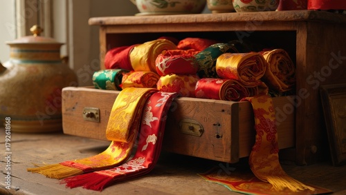 Traditional Asian Silk Textiles in Vintage Wooden Drawer