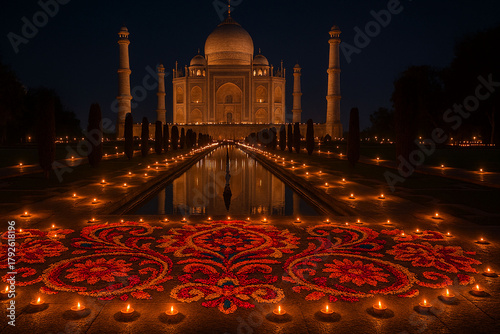 Taj Mahal at Night During Diwali with Rangoli and Diyas
