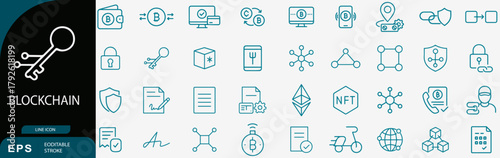 Blockchain cryptocurrency security technology line icons set, decentralized vector design
