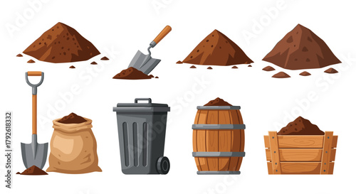 Gardening tools and soil storage solutions, ready for planting and soil management projects