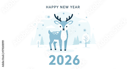 Adorable reindeer welcomes the new year 2026 with a charming winter forest scene and festive snowflakes