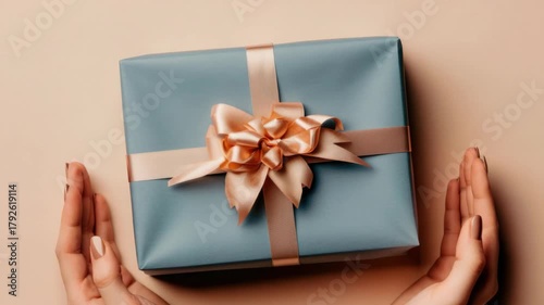 A person is holding a blue box with a bow on it. The box is wrapped in a blue paper