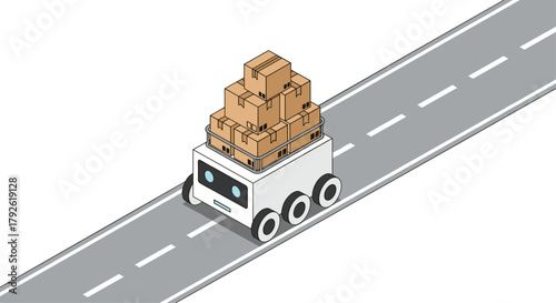 Autonomous delivery robot efficiently transports stacked packages along a modern roadway, showcasing future logistics solutions