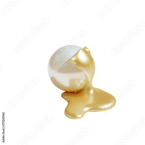 Sphere dripping with glossy, golden liquid on a stark black background