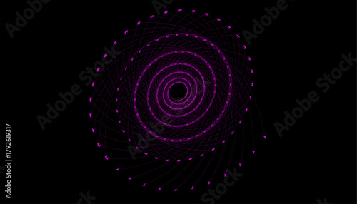 Hypnotic abstract spiral vortex design in glowing purple-pink on a deep black background.