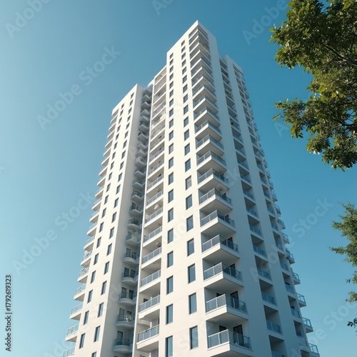 Modern white high-rise apartment building with glass balconies against clear blue sky. Tall residential skyscraper with many floors, windows, and exterior facade detail.