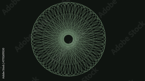 Fine lines forming a subtle green-gray circle on a deep black field.