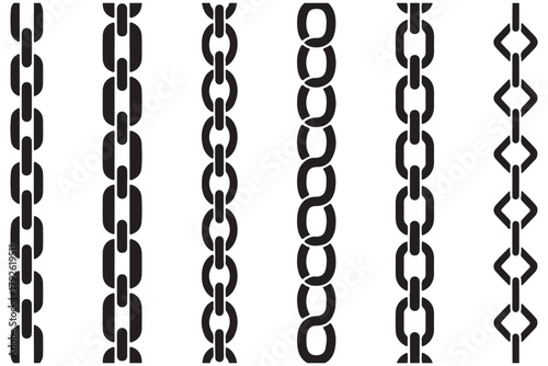 Chain link icon for connections or hyperlinks. Silhouette chains. Different weaving black seamless borders, decorative jewelry for pendants, recurring metal segments, Elegant precious black necklaces 