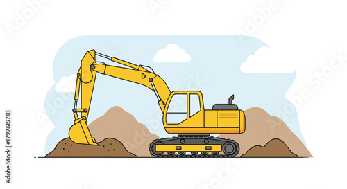 Vibrant yellow excavator diligently digging earth on a construction site with a bright sky and clouds overhead