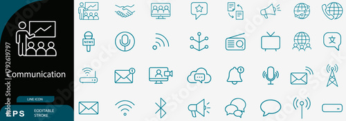 Communication global media line icons set, network vector