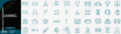 Gaming esports virtual reality line icons set, player vector design