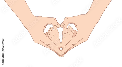 Loving parents cradle tiny baby feet forming a heart shape, symbolizing new life and cherished family bonds