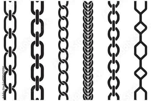 Chain vector set. Chain brushes seamless pattern. Chains thread, jewelry black silhouette. Technical structure, machine or cable elements decent. Vector illustration. Various chain link designs black 