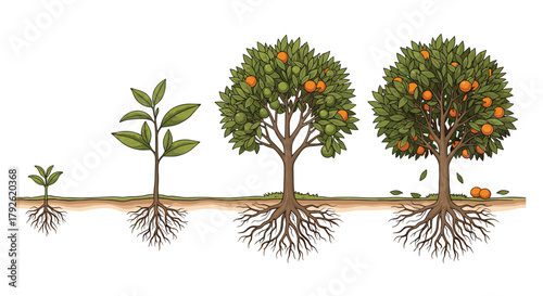 Watch this vibrant orange tree flourish through its life cycle, showcasing growth, fruit, and maturity with visible roots