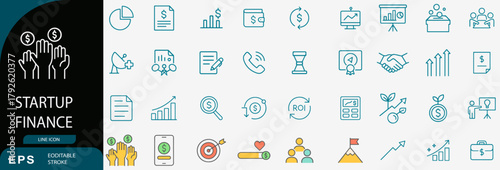 Startup finance investment line icons set, business funding vector