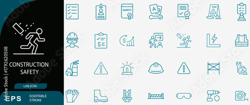 Construction safety workplace warning line icons set, danger vector