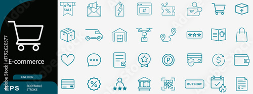 E-commerce online shopping store line icons set, delivery vector design