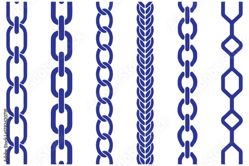Chain vector set. Chain brushes seamless pattern. Chains thread, jewelry black silhouette. Technical structure, machine or cable elements decent. Vector illustration. Various chain link designs black 