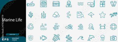 Marine life underwater ocean line icons set, diving vector design