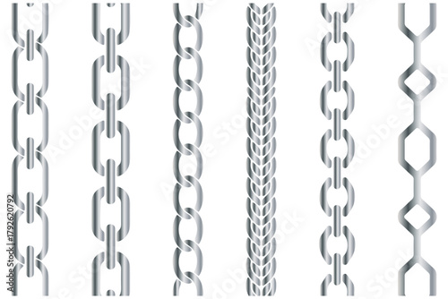 Chain vector set. Chain brushes seamless pattern. Chains thread, jewelry black silhouette. Technical structure, machine or cable elements decent. Vector illustration. Various chain link designs black 