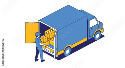 Dedicated delivery person carefully loads vibrant boxes into a bright blue truck for efficient shipping and logistics