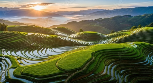 Breathtaking morning view of Longji Rice Terraces offering mesmerizing landscapes and agricultural