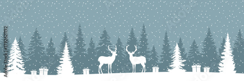 christmas winter border with deer in forest vector illustration