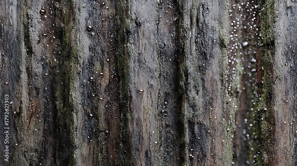 Obraz premium Flat lay of vertical tree trunk covered in soft morning mist, dewy surface with tiny water droplets