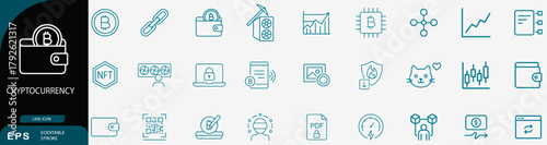 Cryptocurrency wallet blockchain line icons set finance vector data