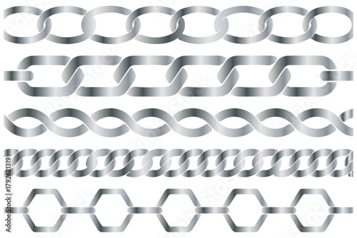 Monochrome set different type of metal chains in silhouette style. Seamless shape, for graphic design of logo, emblem, symbol, sign, badge, label, stamp, Set of nautical ropes shapes silhouette. 