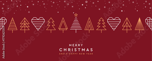 christmas greeting card with minimalistic fir tree seamless border vector illustration