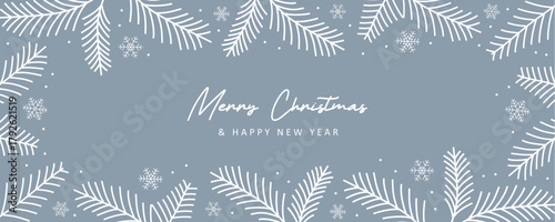 merry christmas card with fir twig border and snowflake decoration vector illustration