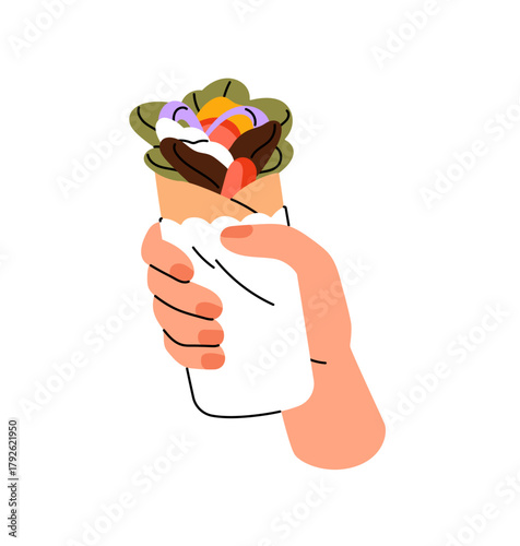 Person holds shawarma, burrito with tasty stuffing. Human hand with shawerma, doner kebab. Fastfood, street fast food. Snack with tortilla roll. Flat isolated vector illustration on white background.