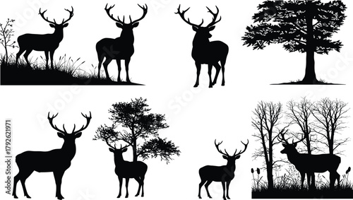 Deer icon set, antlered silhouettes in forest scenes with trees and foliage showing wildlife, nature, vector design, black illustration grid