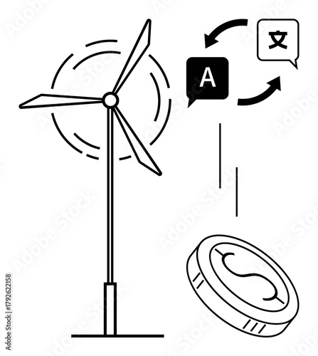 Wind turbine spinning for green energy, multilingual communication arrows, money coin. Ideal for sustainability, globalization, renewable resources, technology, eco-economy, linguistics finance
