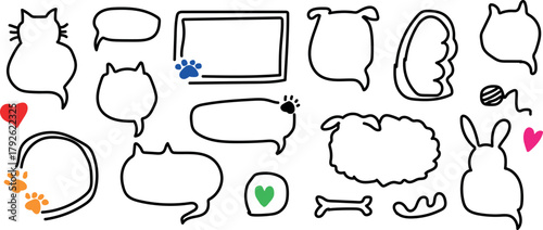 Cute Cat Message Box Shapes with Cloud and Animal Leg Line Elements – Hand Drawn Bold Black Vector Collection in Playful Childish Doodle Style