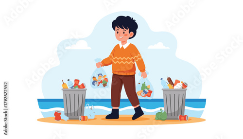 Young boy enthusiastically cleans up beach litter, carrying full bags of trash to bins, promoting environmental responsibility and care