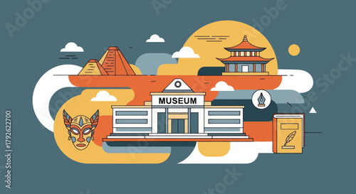 Flat design illustration of a museum surrounded by global historical and cultural landmarks, representing education and heritage.