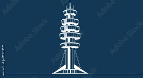 Blueprint style drawing of a modern air traffic control tower or communication tower against a dark blue background.