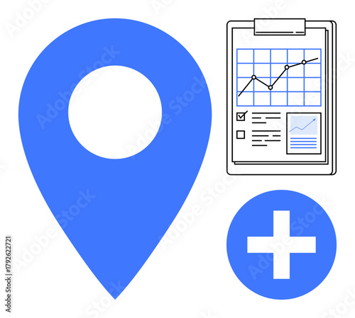 Large blue location pin, clipboard with charts and data, and a plus symbol. Ideal for data analysis, location services, progress tracking, business growth, healthcare, planning and simple flat