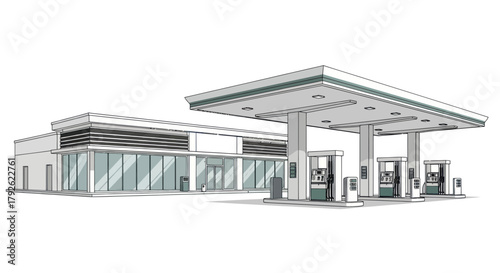 A modern gas station with multiple fuel pumps and an attached convenience store building, rendered in a clean, architectural style.