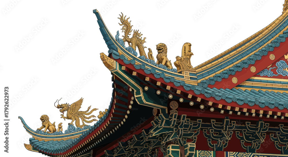 Fototapeta premium Close-up of a traditional Chinese temple roof with ornate golden mythical creatures and vibrant blue and red tiles.