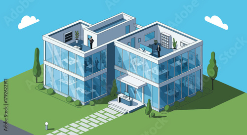 An isometric illustration of a modern glass office building with people working inside and on the roof, surrounded by green lawn and a clear blue sky.