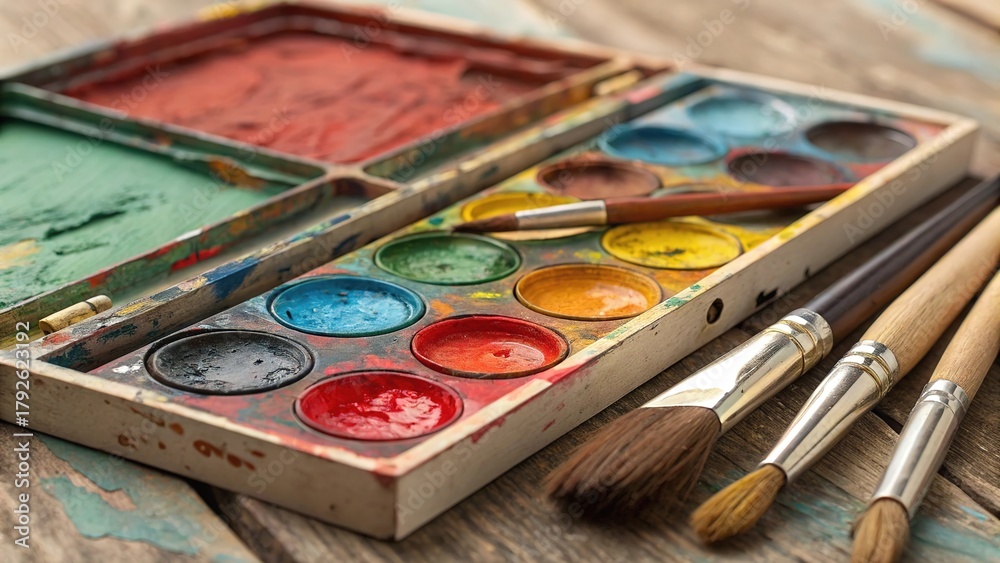 Obraz premium Exploring vibrant oil paint palette with brushes on weathered wooden table