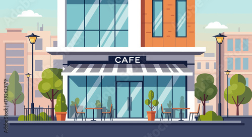 A modern cafe storefront with outdoor seating on a city street, featuring a striped awning and large glass windows, in a flat design illustration.