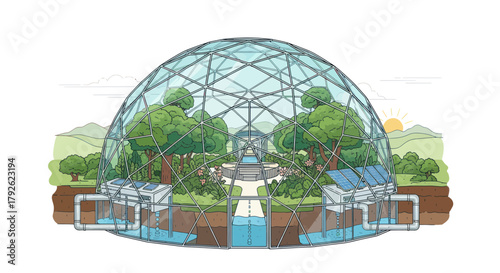 Detailed illustration of a futuristic geodesic dome housing a self-sustaining ecosystem with plants, trees, and water features, powered by solar energy.