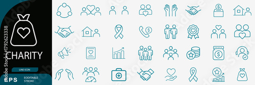 Charity donation volunteer line icons set social help vector