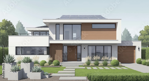 A modern two-story house with a sleek design, large windows, and well-maintained landscaping, featuring a stone pathway and green lawn.